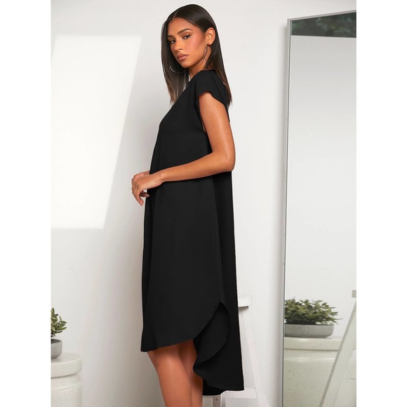 short sleeve Hi low Notched v neck Dip Hem midi Dress red - Picture 8 of 8